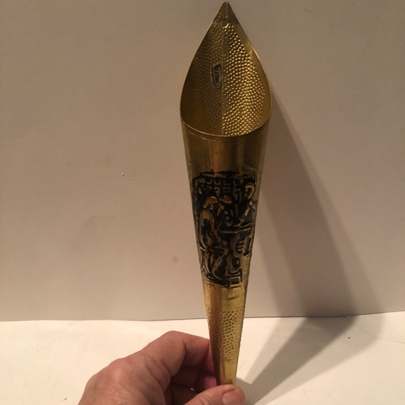 Vintage brass cone shaped match holder with silver candle snuffer. - Picture 5 of 9